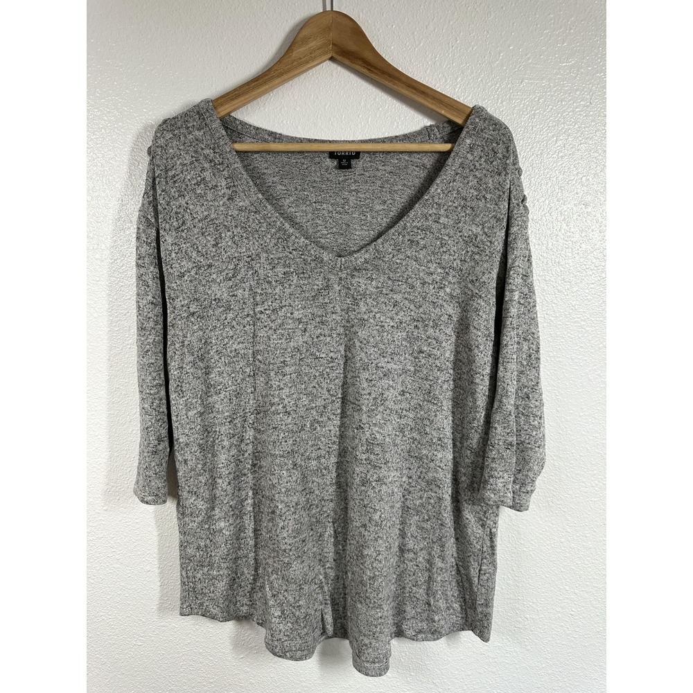 Torrid Sweater Womens Large Gray Lace Up Shoulder Soft Knit Pullover Long Sleeve
